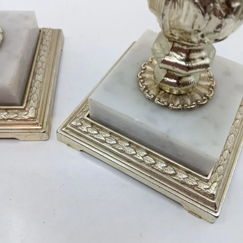 MCM Candle Holders Italian Marble Base Dilly Mfg Co. Gold Hollywood Regency 9